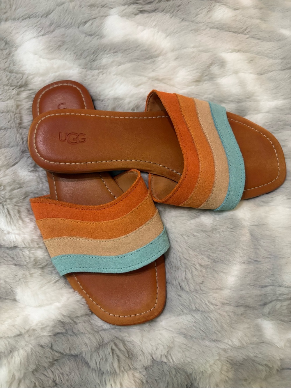 UGG Women's Striped Suede Slide Sandals in Orange, Tan & Light Blue 9
